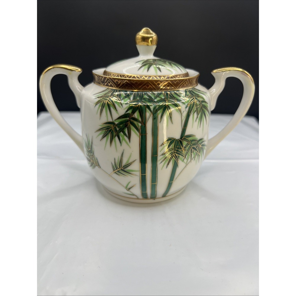 Vtg Hakusan China Covered Sugar Bowl Hand Painted Green Bamboo Gold Trim Japan